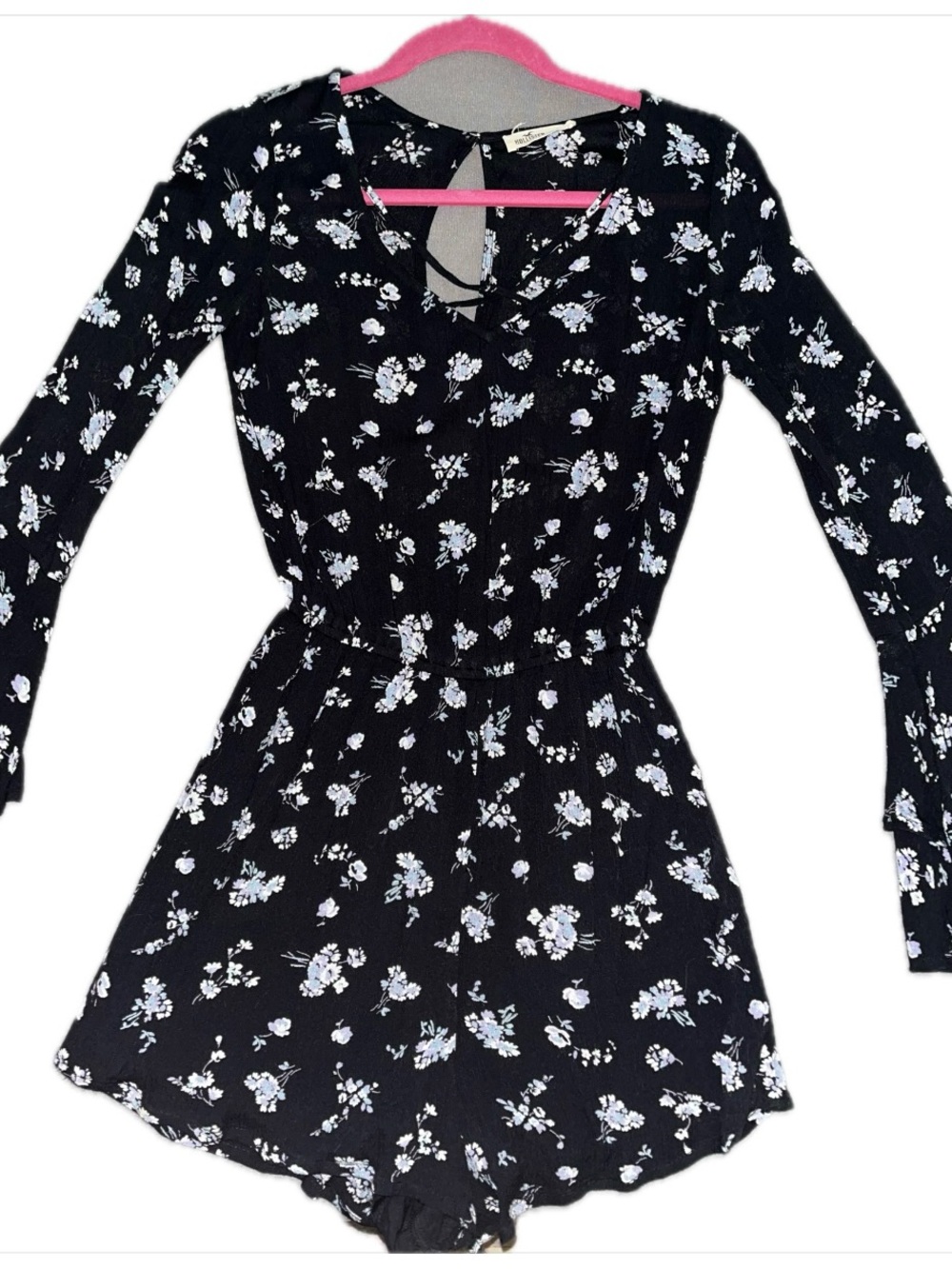Hollister Black Floral Tie-Back Long-Sleeve Romper